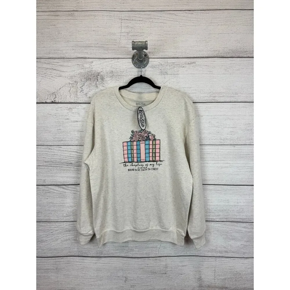 Kerusso Women's Cream Books Graphic Religious Sweatshirt Size Large - Picture 1 of 5
